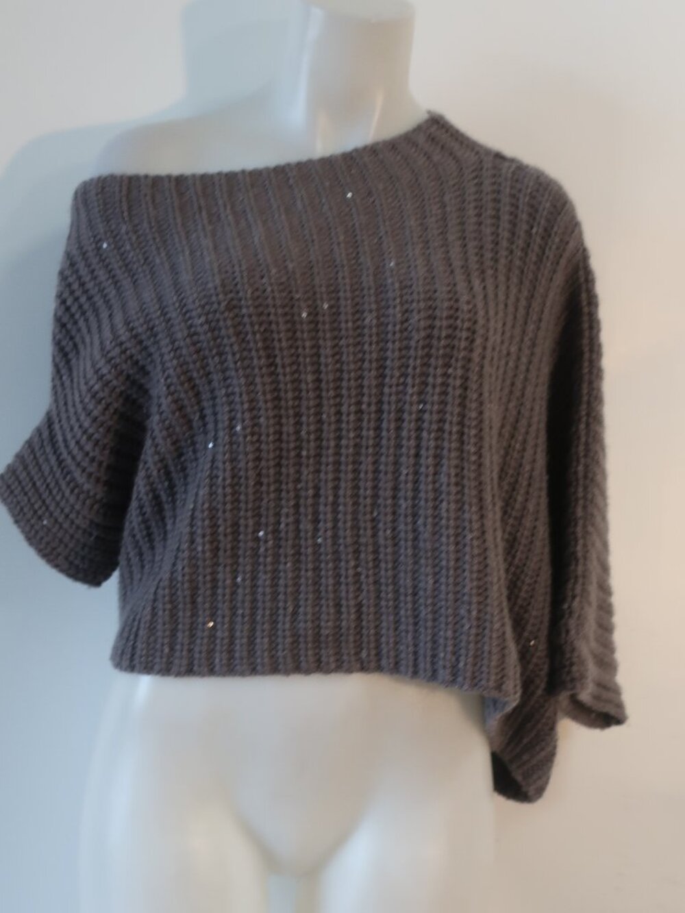 Womens Brunello Cucinelli Gray Pure Cashmere Cropped Sequin Asymmetric Sweater S